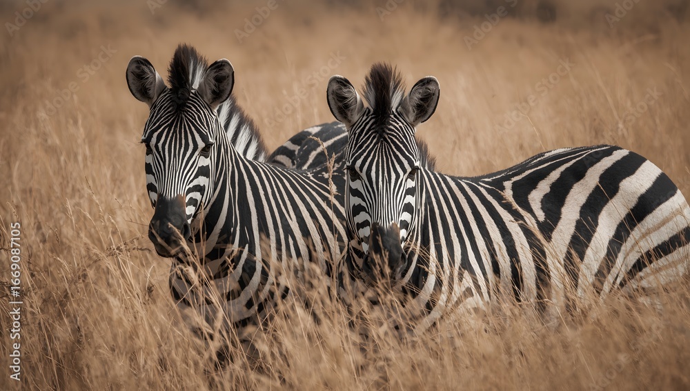 Fototapeta premium A black and white striped zebra grazes on the savannah plains of Kenya