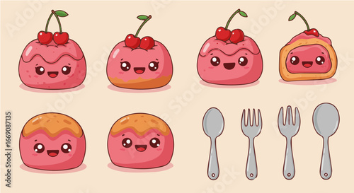 Cherry popover period vector cute cartoon desserts with cherry toppings and cutlery illustration for food and dessert lovers design