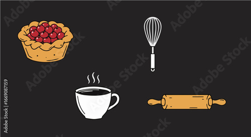 Cherry popover period vector delicious cherry pie baking with kitchen utensils and hot coffee illustration for food blog and recipe website