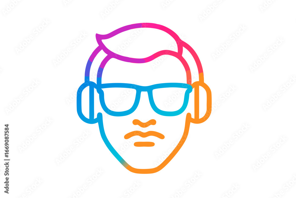 Obraz premium Audio Enthusiast Icon: An illustrative icon captures the essence of a modern audio enthusiast. The sleek design features a person, immersed in sound with stylish headphones and trendy spectacles.