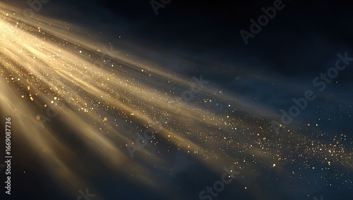 Golden light rays, dark background, dust particles, spotlight effect, design overlay