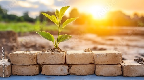Sunrise Sapling Emerging from Bricks Construction Growth