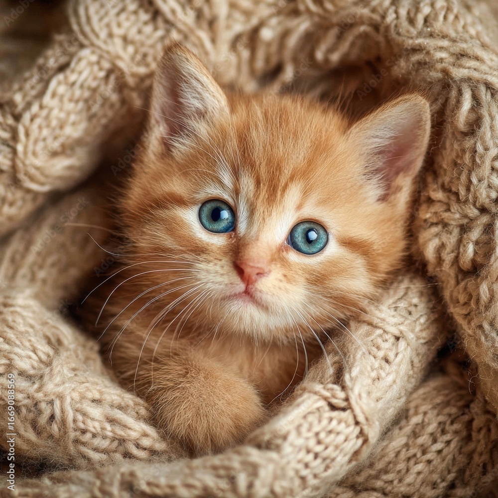 Naklejka premium Adorable Ginger Kitten Snuggled in Warm Knitwear