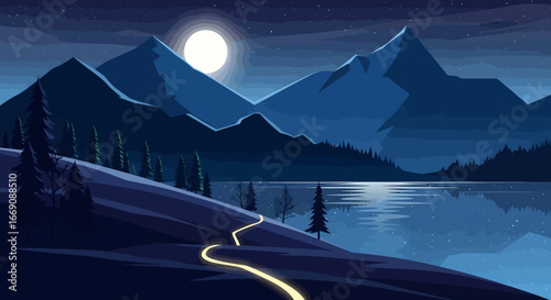 Minimalist Mountain Landscape with Glowing Path and Moonlit Lake Illustration