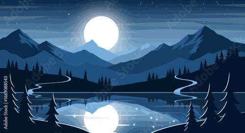 Minimalist Landscape Beautiful Mountain Range and Lake Reflection at Night