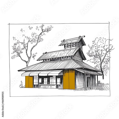 Japanese House Sketch with Trees Architectural Illustration for Design Projects and Educational Purposes