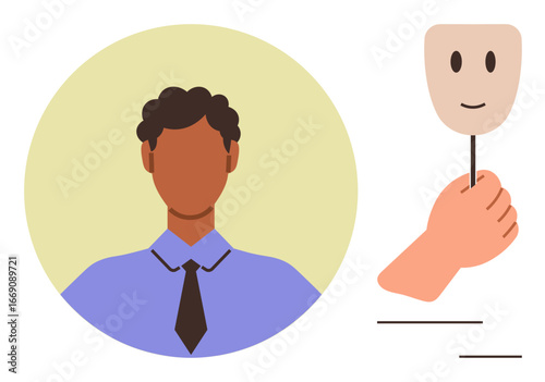 Person in formal attire facing forward. Hand holding a smiling mask aside, emphasizing identity, emotion, and transparency. Ideal for psychology, emotions, self-concept, mental health authenticity