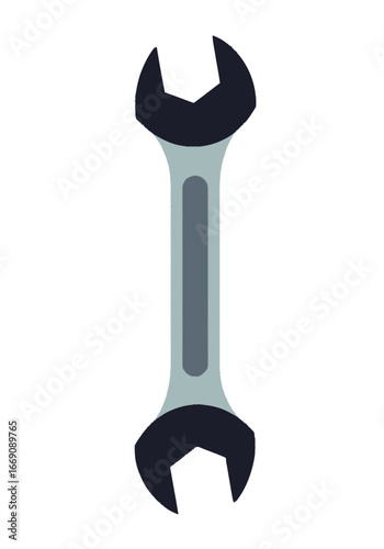 Minimalist graphic of a metal spanner, a key industrial tool for mechanical assembly, maintenance, and construction tasks on an isolated background