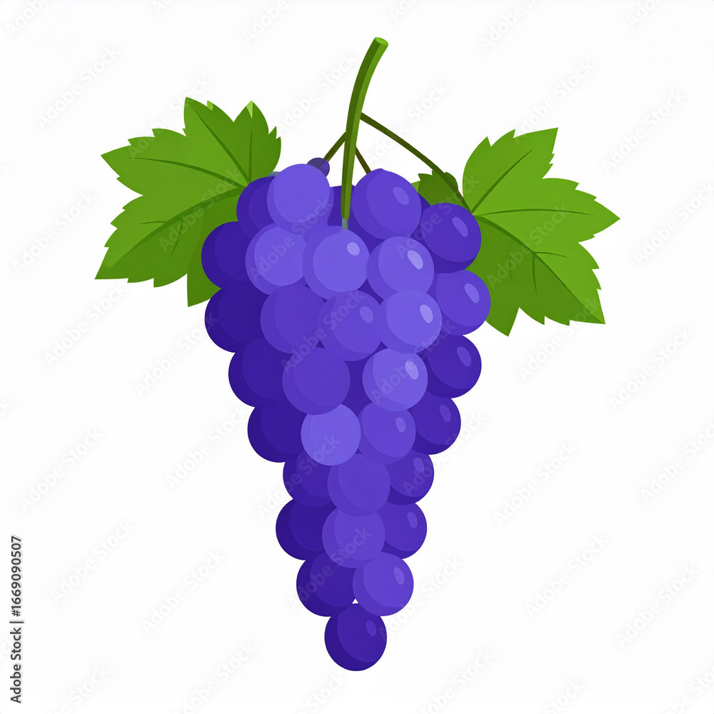 Obraz premium a bunch of purple grapes hanging from a slender stem, accompanied by two green leaves with serrated edges