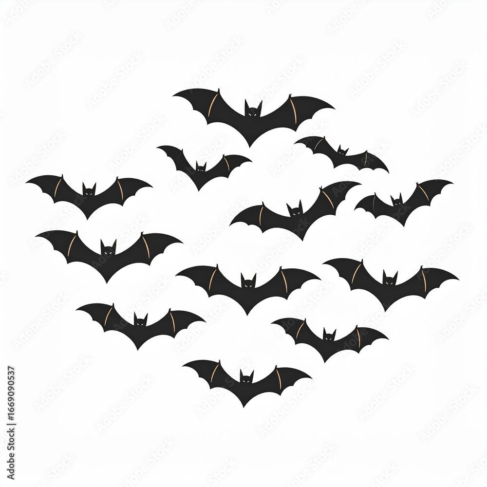 Naklejka premium a group of twelve stylized black bats with yellow accents on their wings, flying against a plain white background