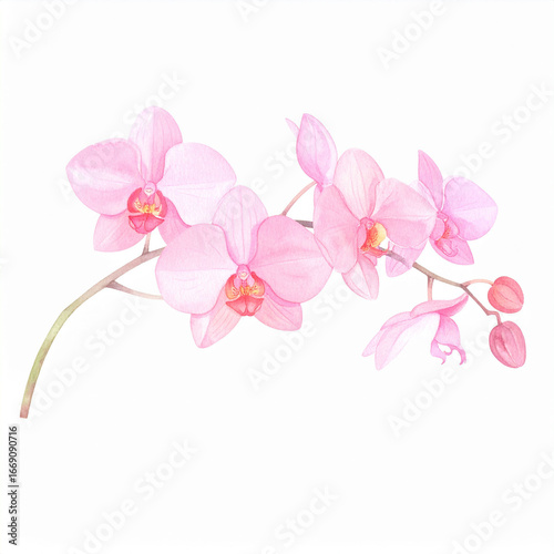 A delicate branch of pink orchids stretches across the image, showcasing several blooms in various stages of opening