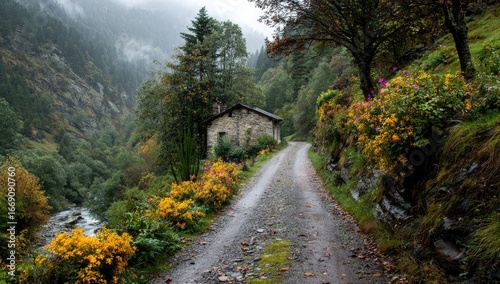 Mountain road, autumnal valley, stone house, rainy day, nature scene, travel poster