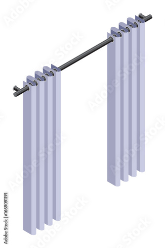 Isometric curtain. Isometric curtain with rings. Set of curtain and rod. Home interior accessory. Room interior elements