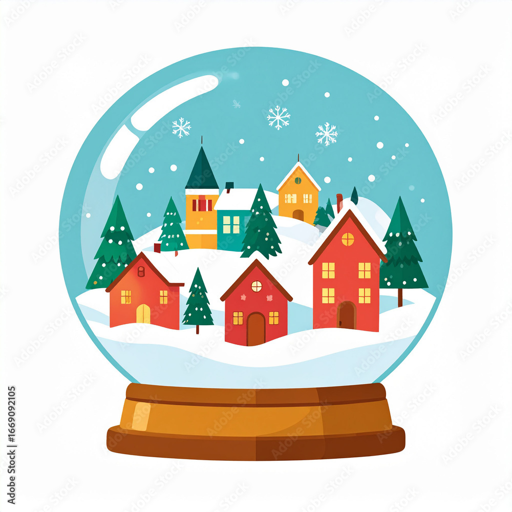Fototapeta premium a charming snow globe displays a quaint winter scene. several colorful buildings and evergreen trees dot a snowy landscape under a light blue sky with falling snowflakes