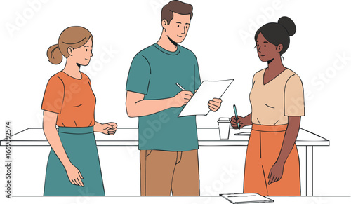 Group of diverse people collaborating on project in office setting vector illustration 