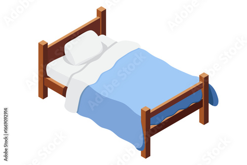 Isometric wooden bed with mattress. Isometric single bed. Wooden bed frame with mattress, pillow, and blanket. Isometric bedroom furniture