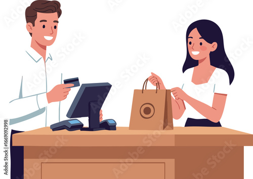 Customer and cashier interaction at retail checkout counter vector illustration 