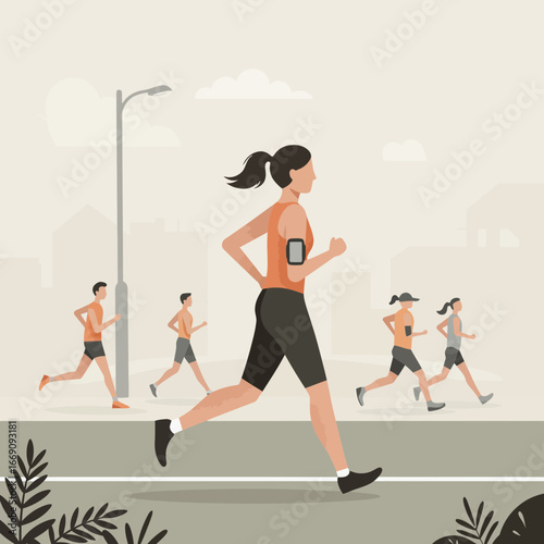 People running marathon together in city park with fitness trackers