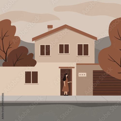 Cozy home scene with woman entering front door in neutral color palette