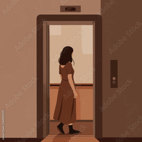Pensive woman entering elevator, contemplating future opportunities ahead