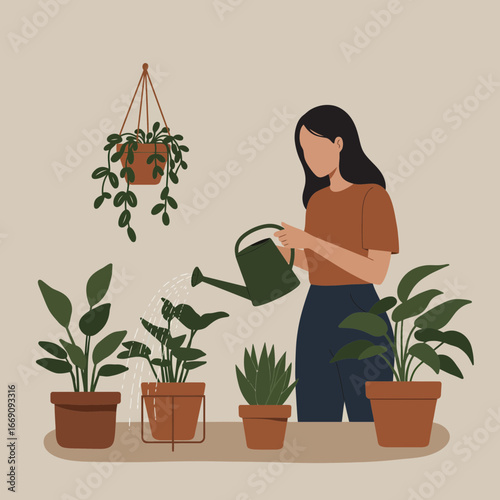 Serene woman tending to indoor plants, cultivating her modern home garden