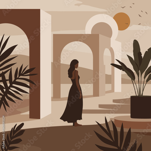 Elegant woman in flowing dress enjoys serene sunset in modern courtyard