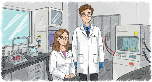 Male and Female Scientists Working in Laboratory with Equipment and Computers in White Coats  