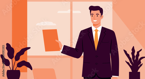 Businessman presenting document in modern office with plants and window light vector illustration 