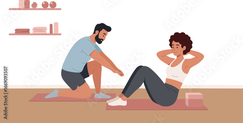 Man Coaching Woman Doing Situps Indoor Fitness Training Vector Illustration 