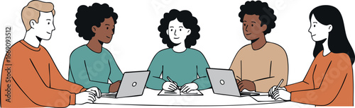 Diverse group of people collaborating with laptops and notes in casual teamwork setting 