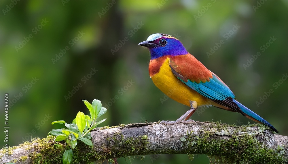 Obraz premium brightly colored bird perched on tree branch in natural green forest environment