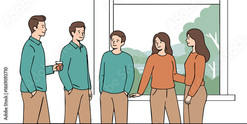 Group of young adults socializing indoors near window casual clothing vector illustration 