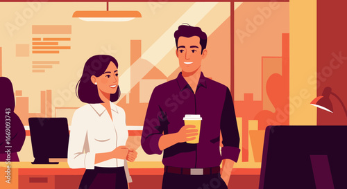 Young man and woman having coffee break in modern office workplace interior 