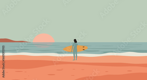 Surfer on beach holding surfboard watching sunset over ocean waves vector illustration 