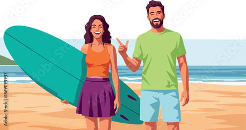 Young man and woman standing on beach with surfboard summer lifestyle scene 