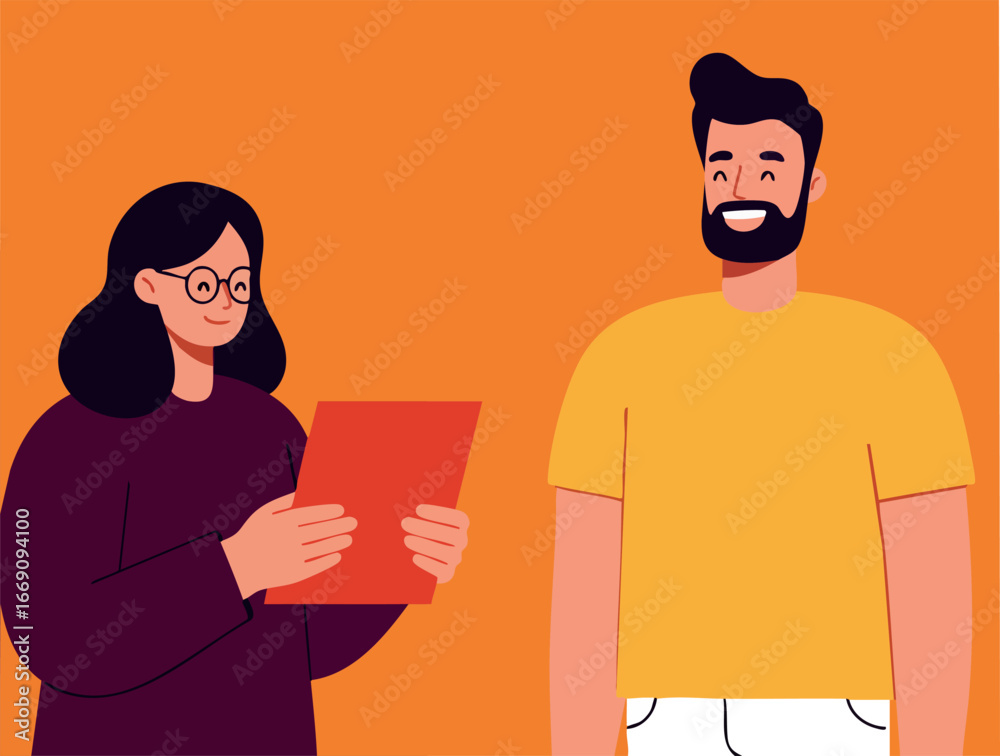 Fototapeta premium Two people smiling and interacting with orange and yellow clothing vector illustration 
