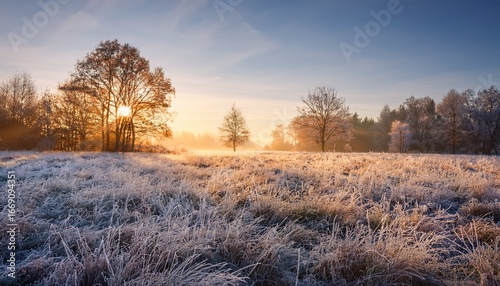 frosty meadow in early morning light with trees and grass