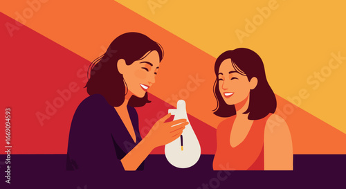 Two women exchanging gift with colorful warm background vector illustration 