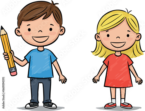 Two children holding pencil and smiling cheerful boy and girl vector illustration 