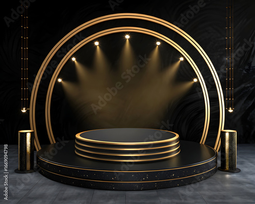 An elegant 3D podium scene with a dramatic black and gold color scheme