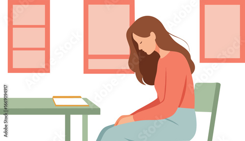 Woman sitting alone indoors in calm contemplative mood vector illustration 