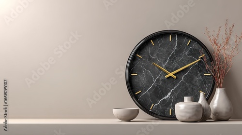 Modern wall clock and decorative ceramic vessels on a shelf.