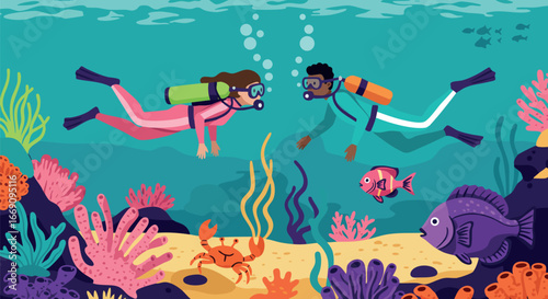Scuba Diving Couple Exploring Colorful Coral Reef with Tropical Fish and Crab underwater scene 