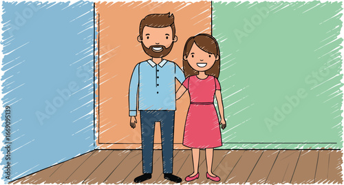 Couple holding hands in colorful room with blue orange and green walls vector illustration 