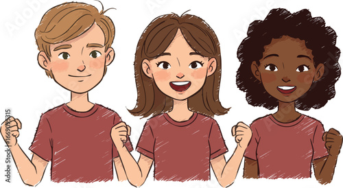 Diverse children smiling happily with clenched fists in red shirts vector illustration 