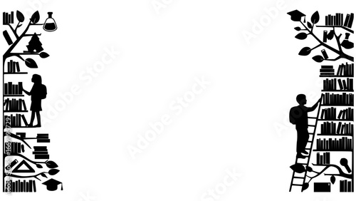 Silhouettes of people studying and arranging books in library - return to school vector frame