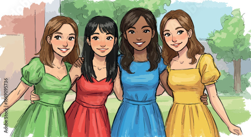 Group of diverse young women in colorful dresses smiling outdoors vector illustration 