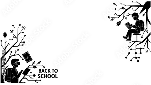 Students reading and studying in nature with back to school theme, vector 