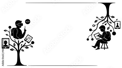 Back to school vector frame - Digital learning concepts with virtual reality and tablet usage  