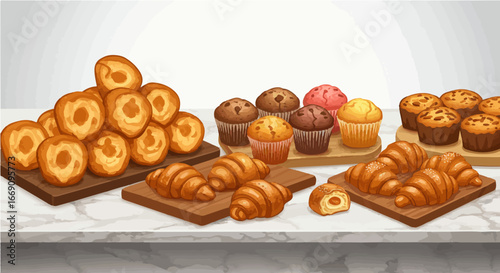 Cherry popover period vector bakery display of delicious pastries croissants muffins and donuts for breakfast or dessert food photography